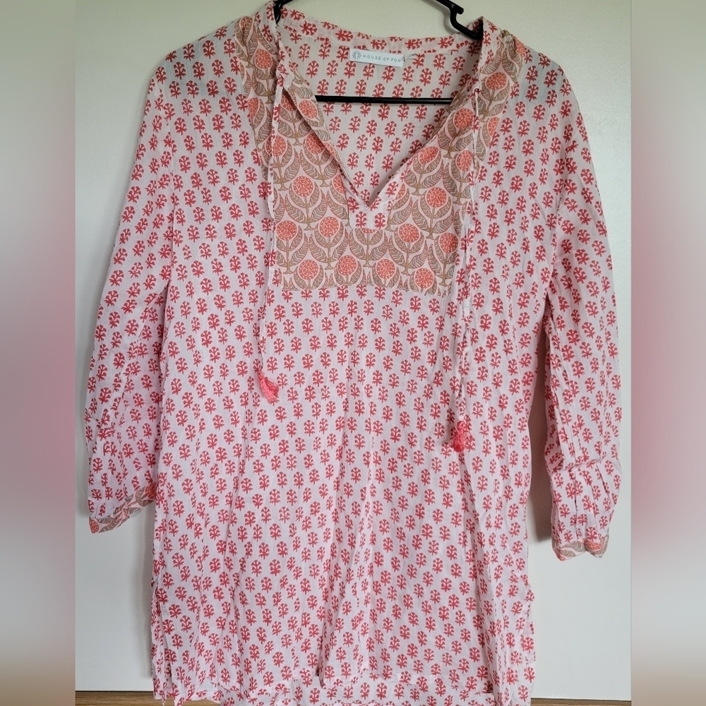 House of Pom Women's Tie Neck Tassel Tunic Size Medium